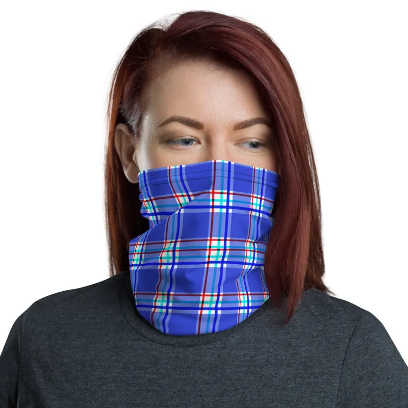 Pastel Blue Plaid Neck Gaiter, Tartan Print Reusable Washable Face Mask-Made in USA/EU