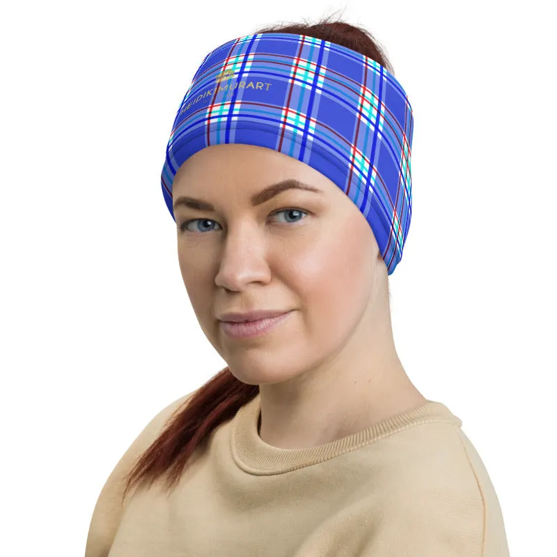 Pastel Blue Plaid Neck Gaiter, Tartan Print Reusable Washable Face Mask-Made in USA/EU