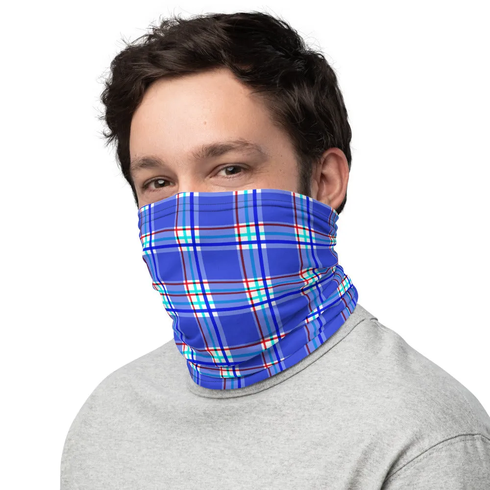 Pastel Blue Plaid Neck Gaiter, Tartan Print Reusable Washable Face Mask-Made in USA/EU