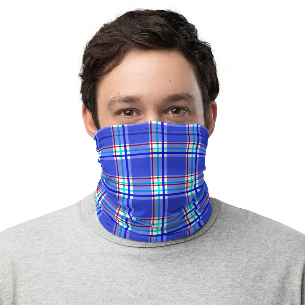 Pastel Blue Plaid Neck Gaiter, Tartan Print Reusable Washable Face Mask-Made in USA/EU