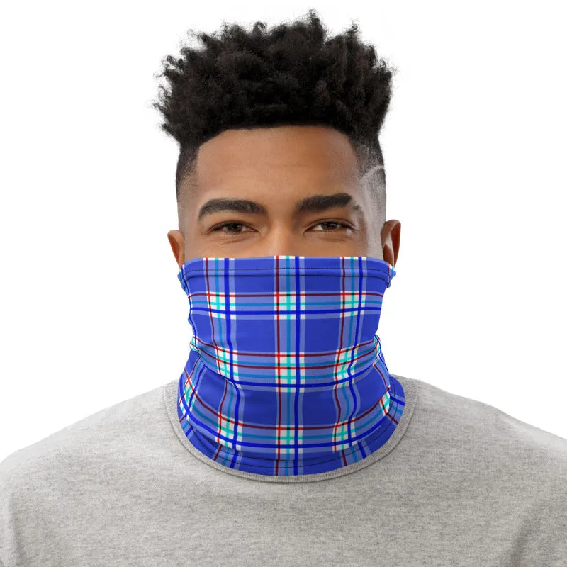 Pastel Blue Plaid Neck Gaiter, Tartan Print Reusable Washable Face Mask-Made in USA/EU