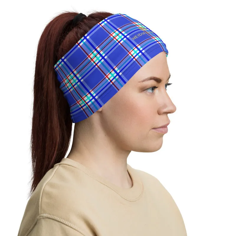 Pastel Blue Plaid Neck Gaiter, Tartan Print Reusable Washable Face Mask-Made in USA/EU