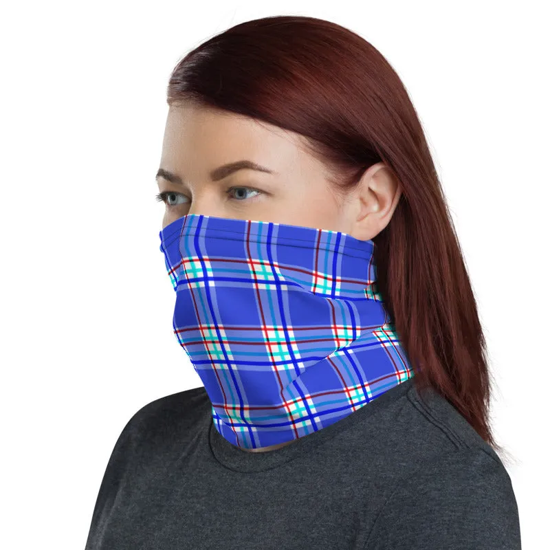 Pastel Blue Plaid Neck Gaiter, Tartan Print Reusable Washable Face Mask-Made in USA/EU