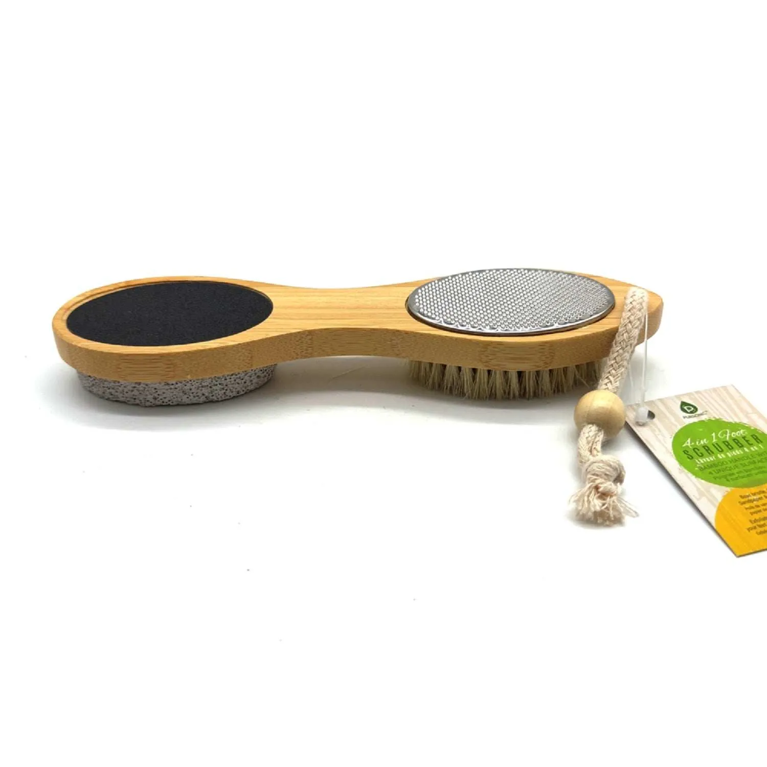 Pursonic 4-in-1 Wooden Foot Scrubber Brush with Bamboo Handle