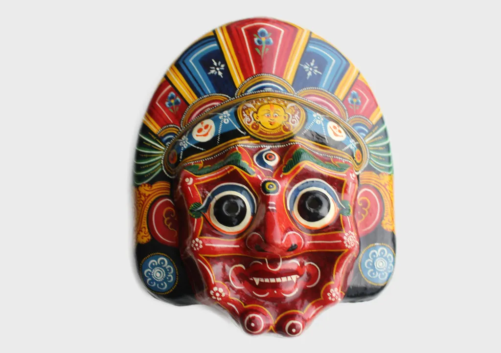 Red Mahakala Paper Mache Wall Hanging Mask