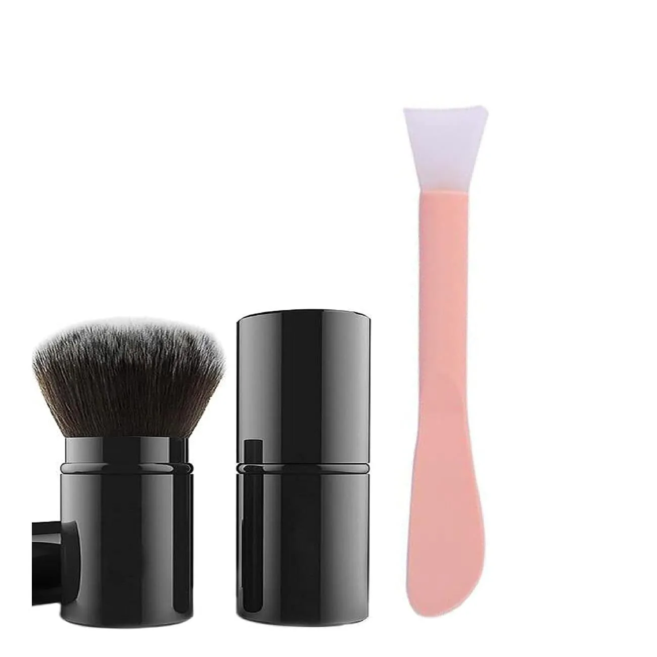 Retractable Kabuki Makeup Brush, Portable Powder Brush with Cover for Blush, Bronzer, Flawless Powder Cosmetic Double-headed silicone facial mask brush scraper (Black)