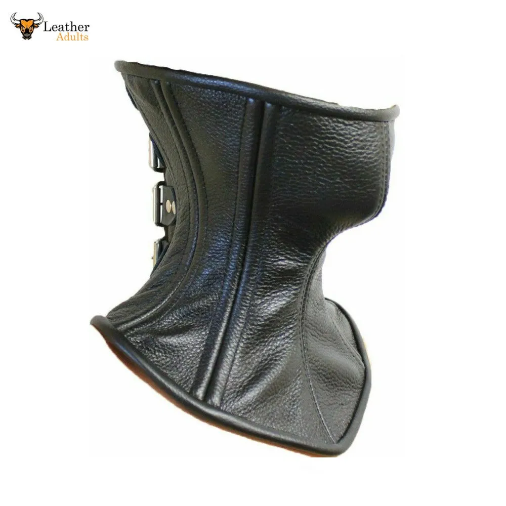 Roller buckle Black Real Leather Over Mouth Neck Corset Posture Collar