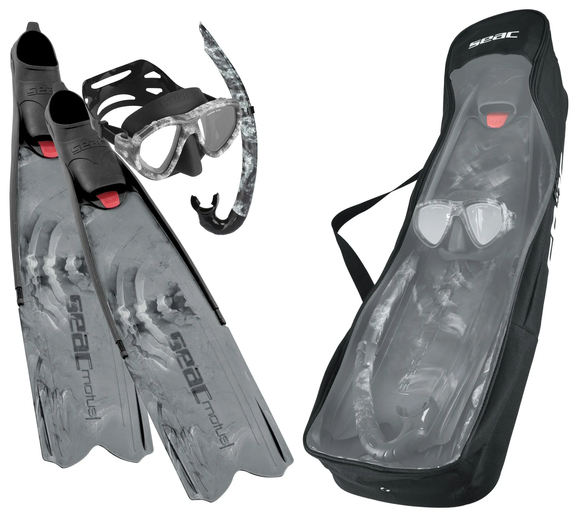 SEAC Tris Motus Set - Motus Camo Long Freediving Soft Powerful Fins, One Mask and Jet Snorkel
