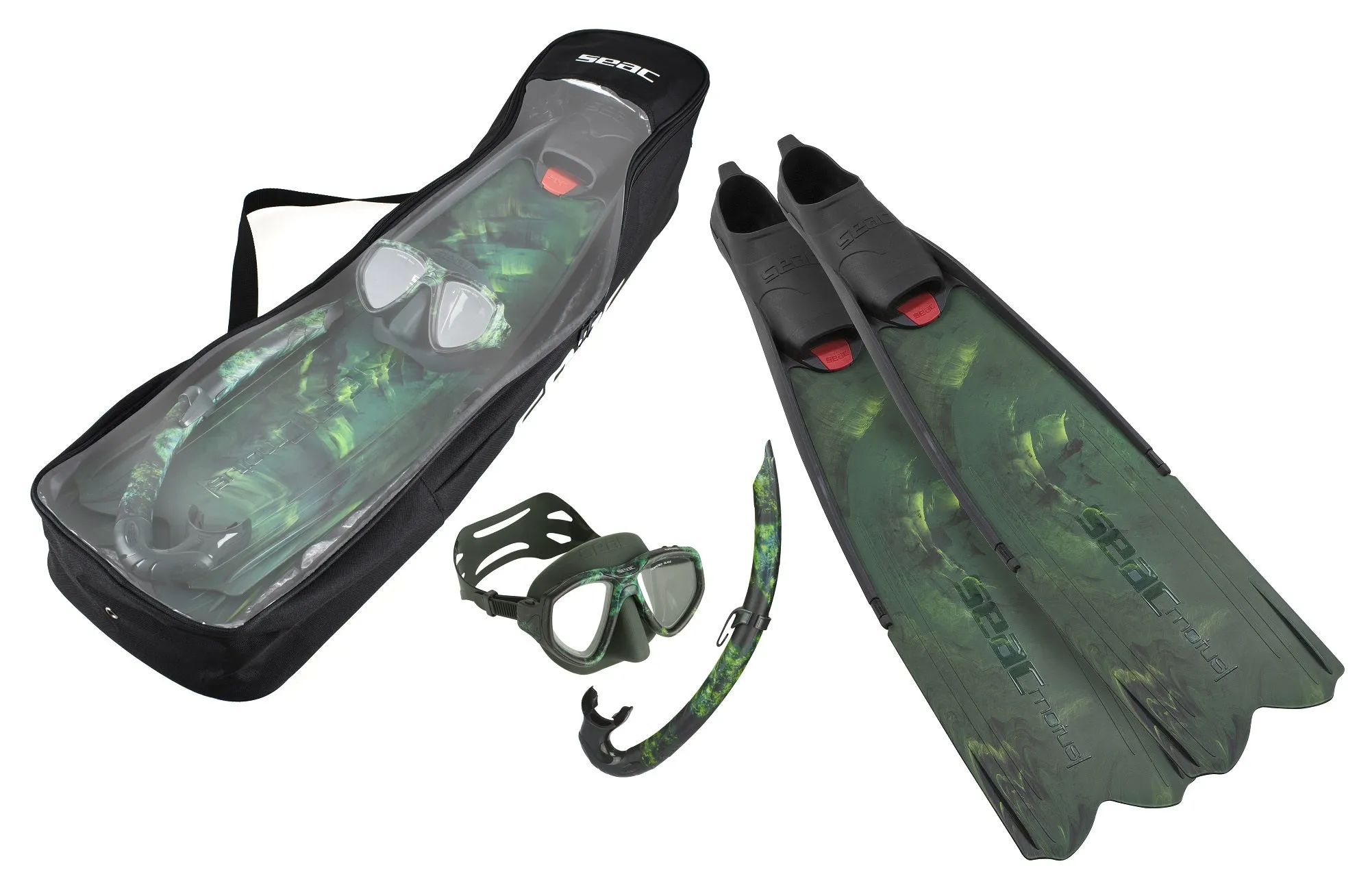 SEAC Tris Motus Set - Motus Camo Long Freediving Soft Powerful Fins, One Mask and Jet Snorkel
