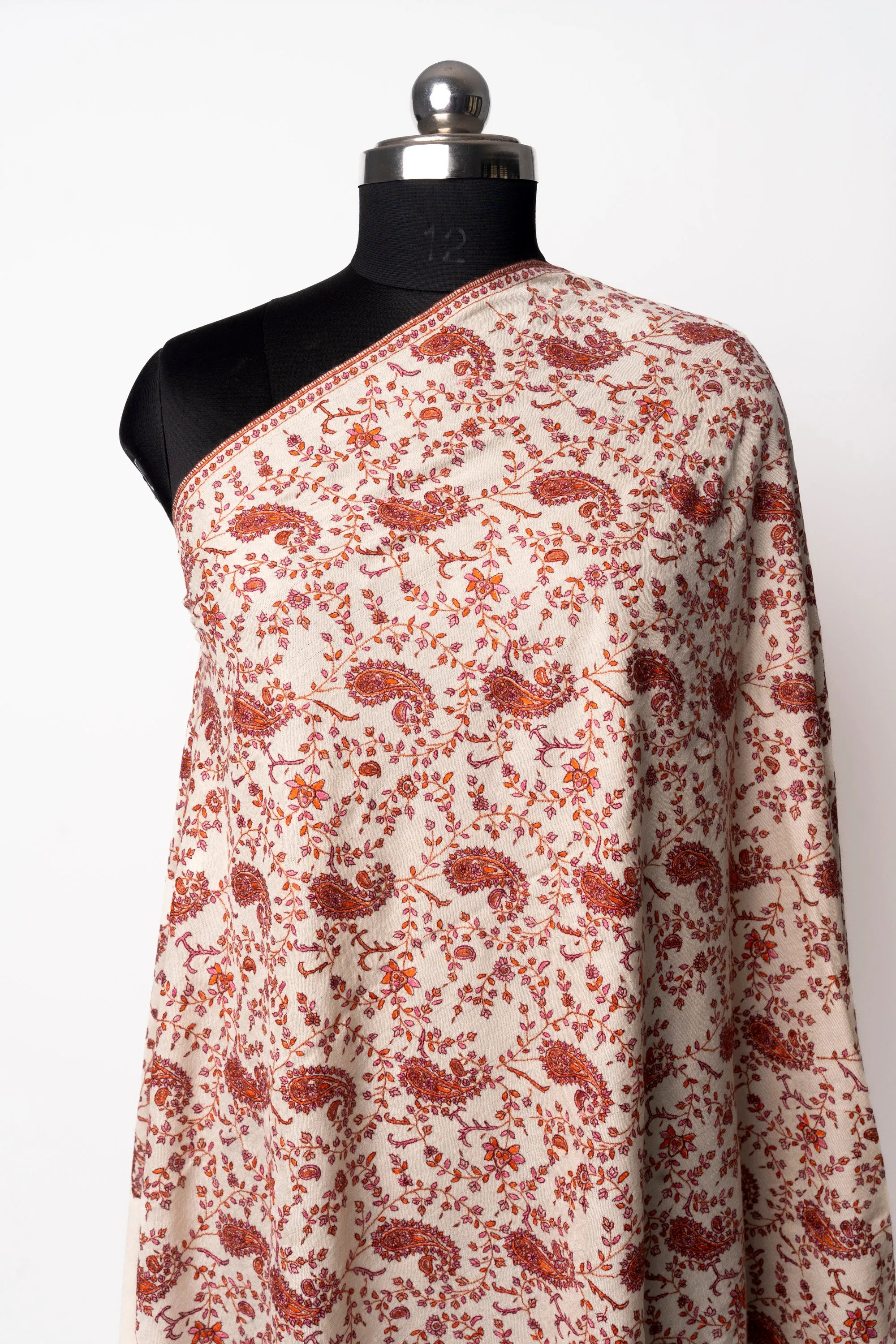 Sozni Blossom Whisper Hand Embroidered Pashmina Shawl