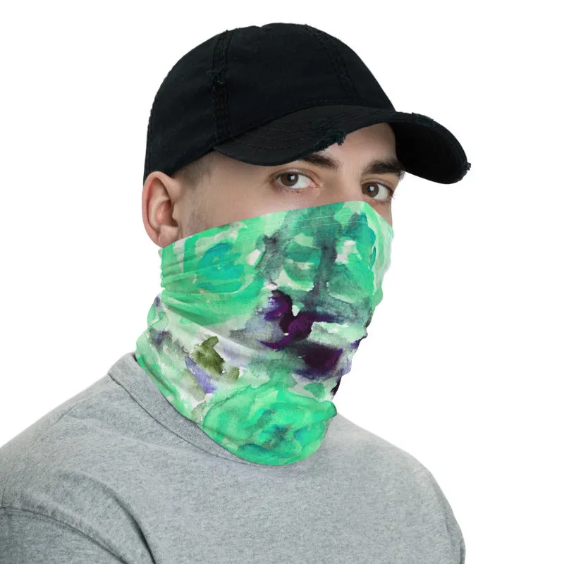 Turquoise Blue Floral Face Cover, Headbands Bandana Neck Gaiter Warmer-Made in USA/EU