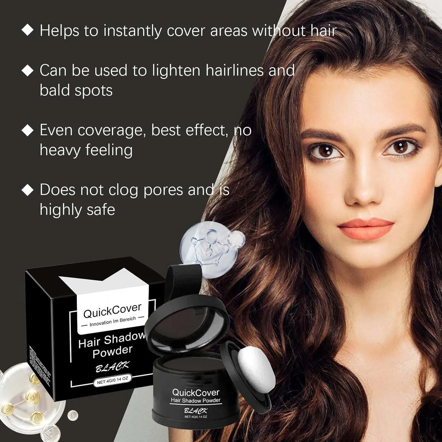 Veinsgrain Hair Color, Root Cover Up,Veinsgrain Hair Powder, Hair Touch Up,Hairline Shadow Powder, Root Coverup,Hair Color,Hairline Powder for Women (Black, 4g)