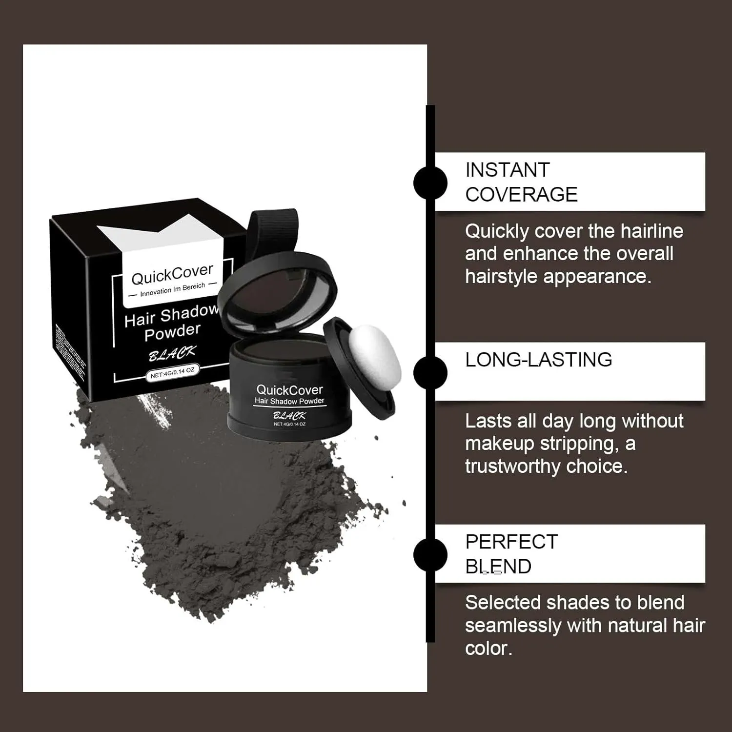 Veinsgrain Hair Color, Root Cover Up,Veinsgrain Hair Powder, Hair Touch Up,Hairline Shadow Powder, Root Coverup,Hair Color,Hairline Powder for Women (Black, 4g)