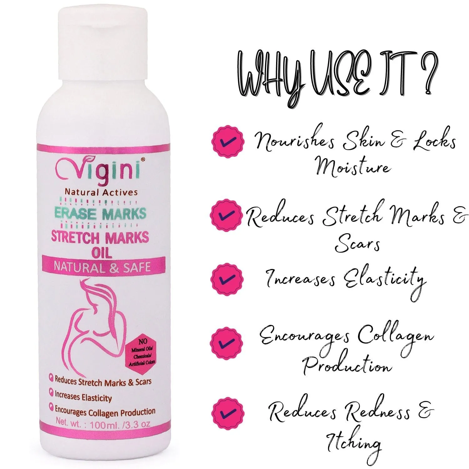 Vigini Natural Erase Stretch Marks Scars Removal Cream Oil  In During After Pregnancy Delivery for Women Anti-Aging Hyper Pigmentation  Remover Uneven Skin Toning 100ml