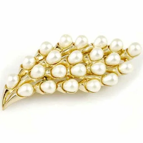 Vintage Signed Trifari Crown Goldtone/Pearl Spray Brooch 1940S