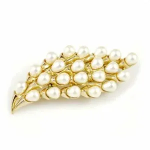 Vintage Signed Trifari Crown Goldtone/Pearl Spray Brooch 1940S